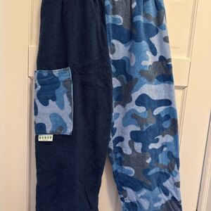 Blue Camouflage towel pants for swimming practice.